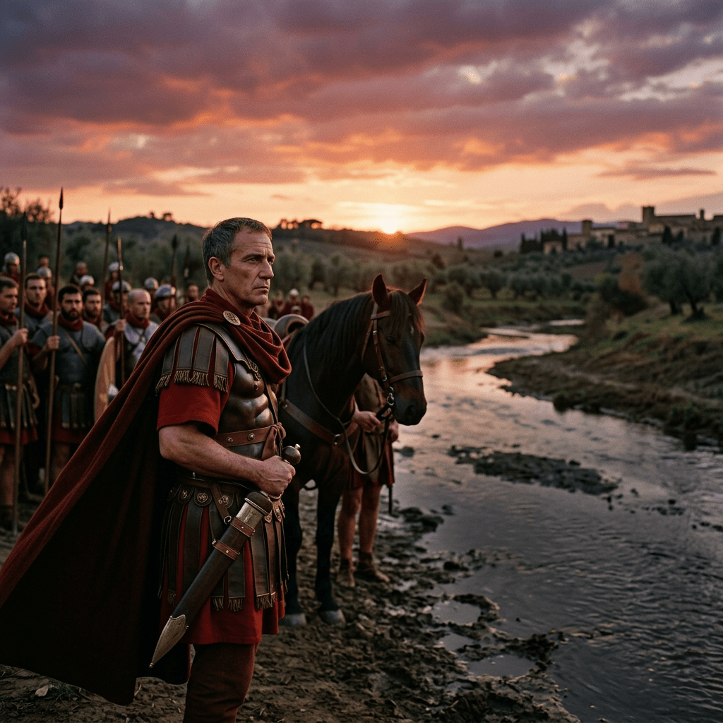 Roman commander in armor standing near river with horse and soldiers at sunset