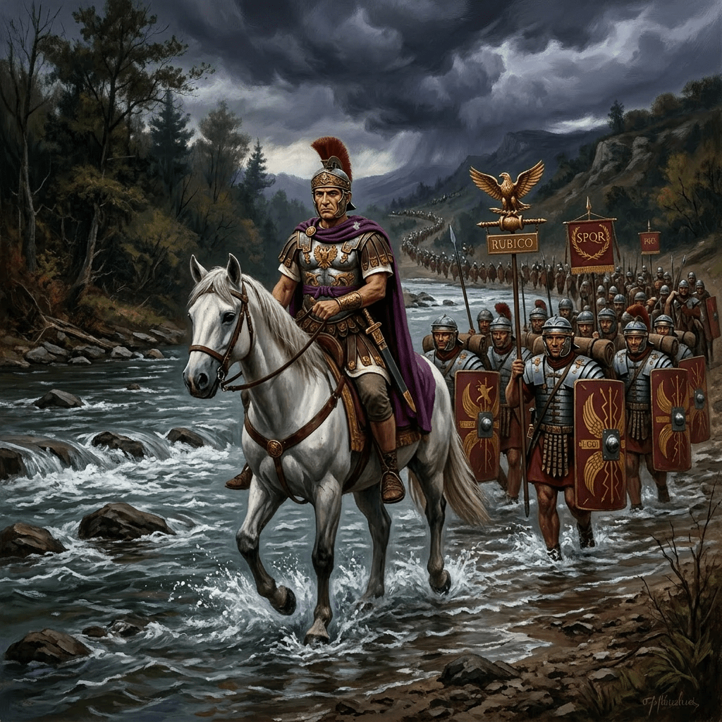 Roman general Julius Caesar on horseback leading soldiers across a river with banners marked Rubico and SPQR